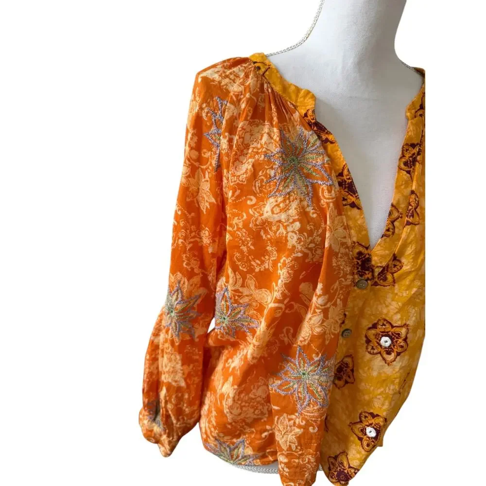 Zara Indian Block Print Cotton Split Neck Embroidered Top Burnt Orange L - Picture 4 of 6